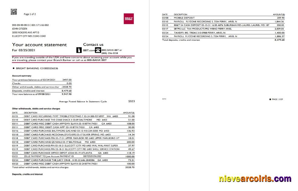 USA North Carolina BB&T Corp. bank statement in Word and PDF format (2 pages)